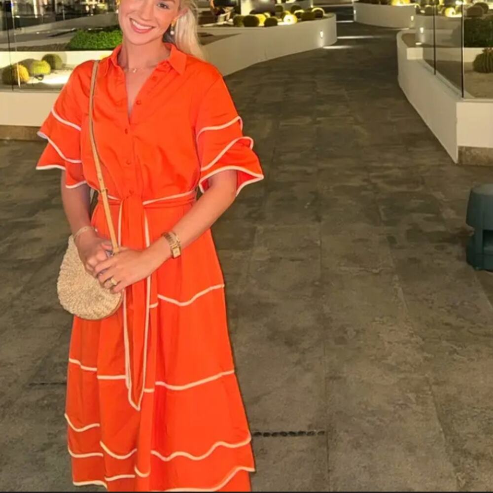 Alexis Orange Midi Shirt Dress XL Bright Feminine Career Fit flare Designer $575 - Picture 7 of 13